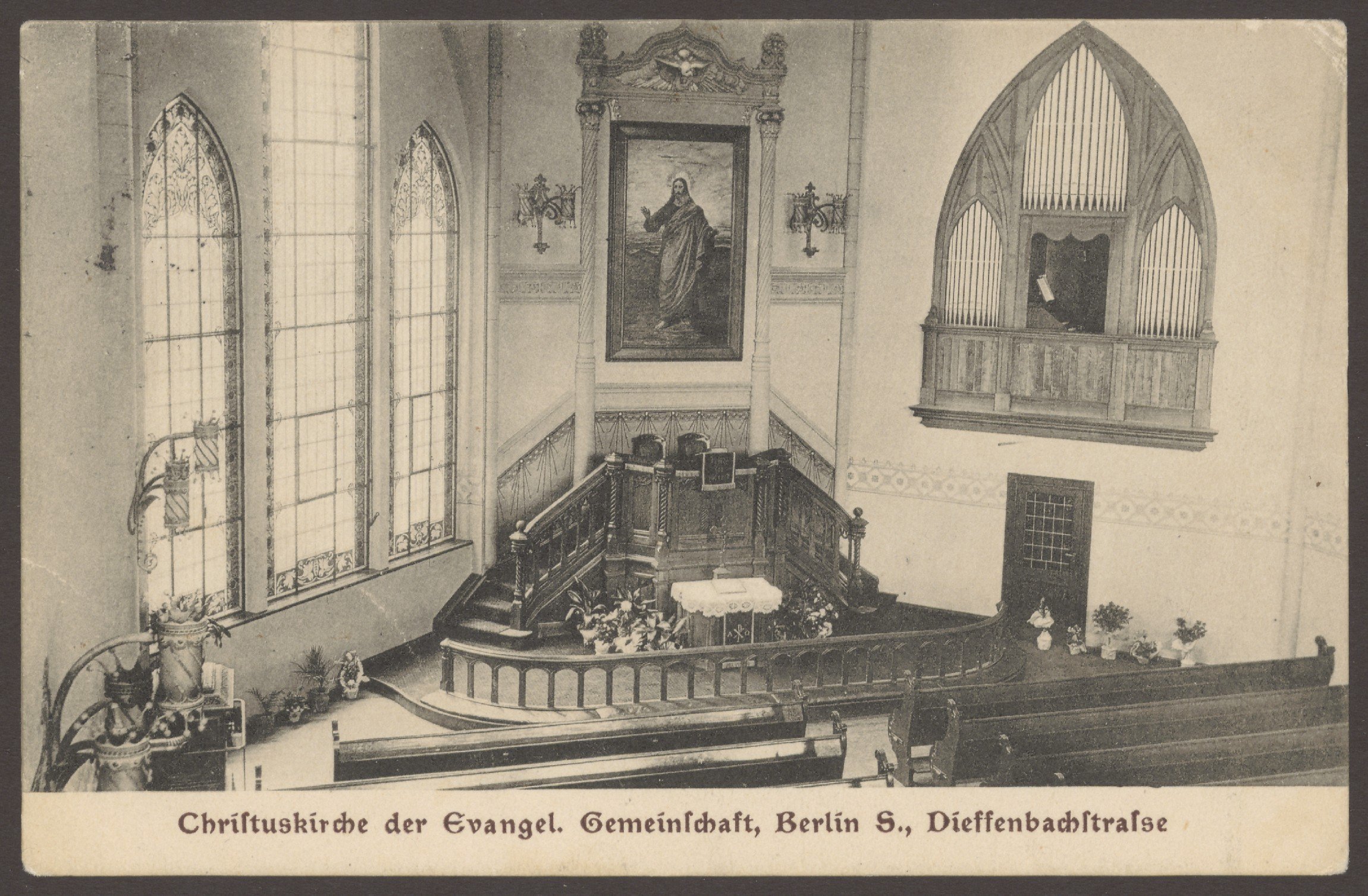 Fotoatelier Franz Kuhlmey, Ansichtskarte Christuskirche der Evangel. Gemeinschaft von innen, Dieffenbachstraße