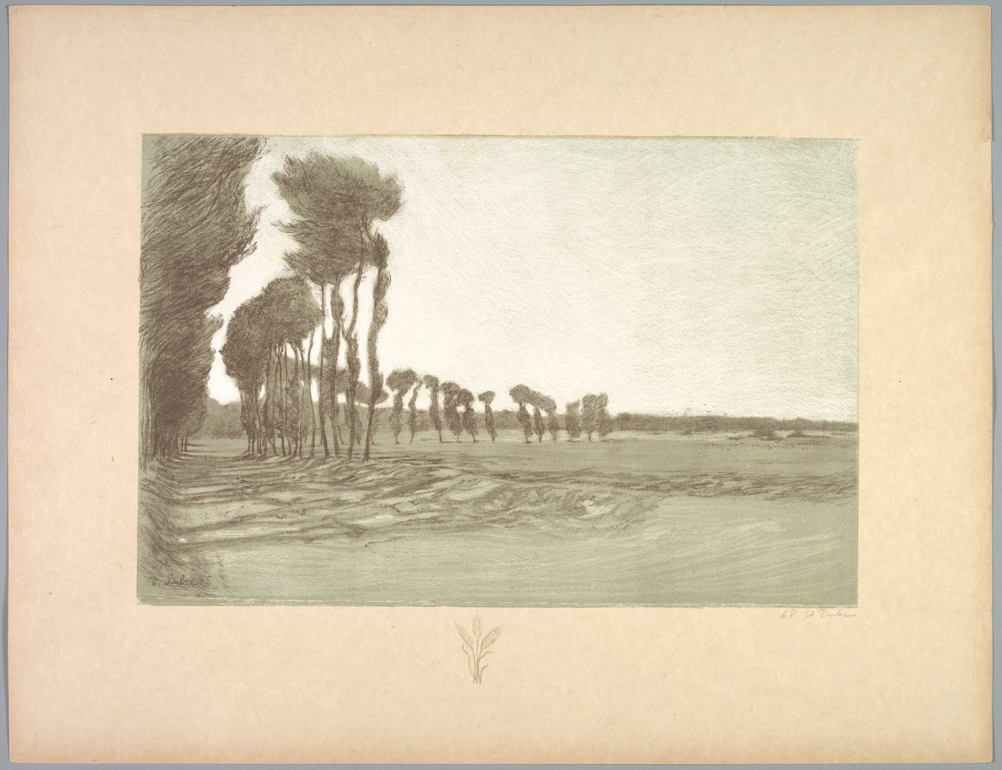 Charles Marie Dulac, Suite de Paysages: Landscape,  Plate 5, Remarque, Three Stalks of Wheat