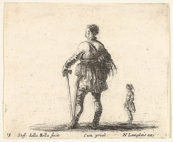 Stefano della Bella, Plate 19: a Polish nobleman in court dress, standing in center, seen from behind, another nobleman to right in background, from "Diversi Capricci"