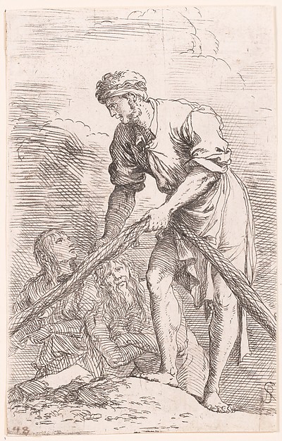 Salvator Rosa, A man pulling a net with two figures behind him, from "Figurine"