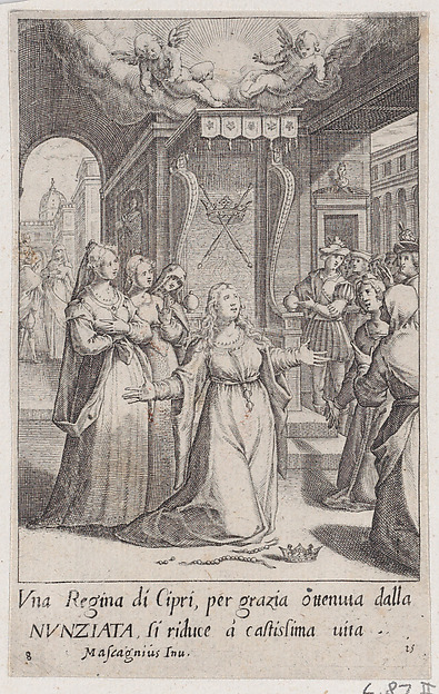 Jacques Callot, The Queen of Cyprus, from Scelta d'Alcuni Miracoli e Grazie della Santissima Nunziata di Firenze (Selection of Some Miracles and Graces that Occurred in the Church of the Annunziata in Florence)