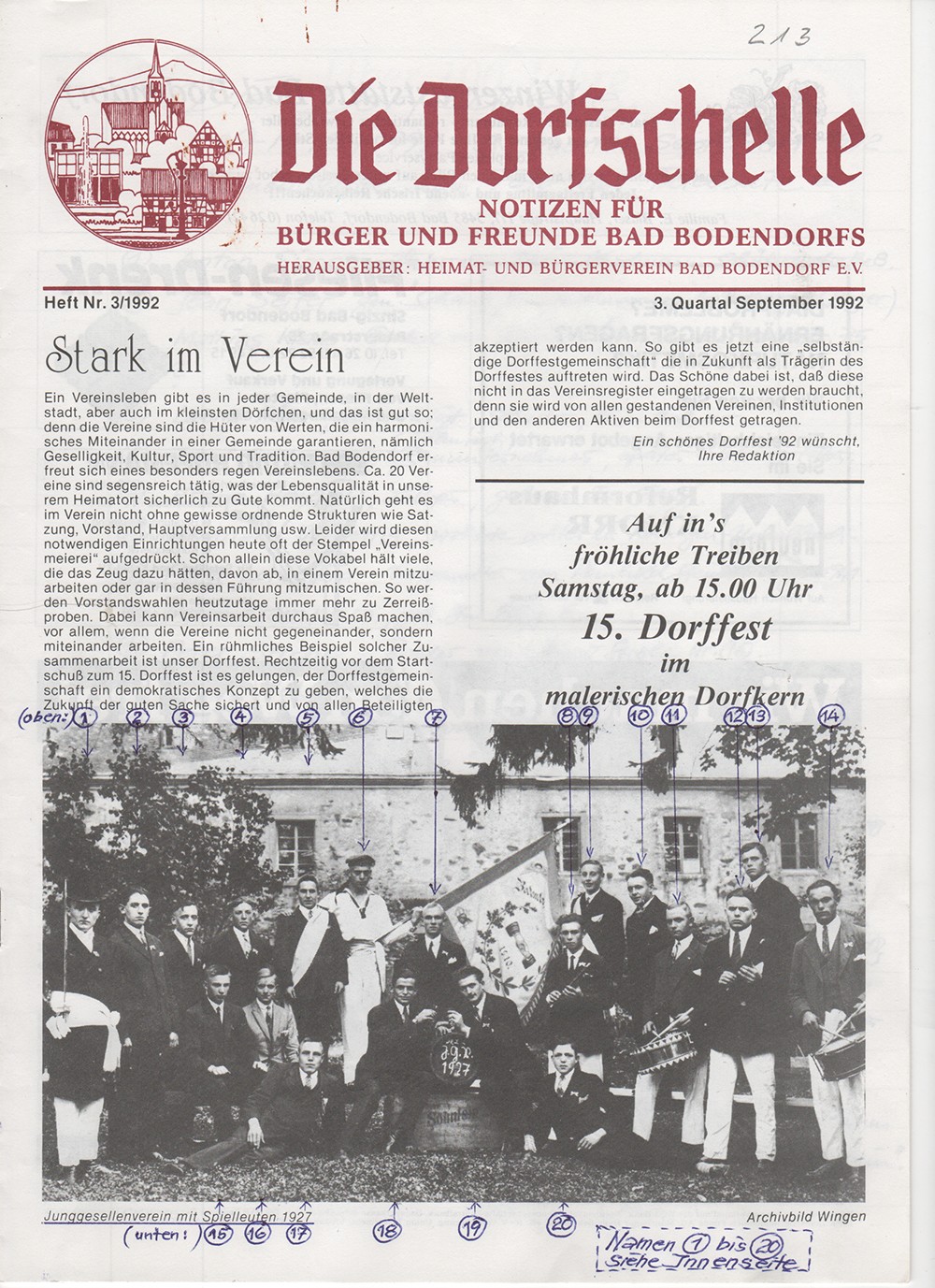 Heimat- und Bürgerverein Bad Bodendorf, Titelseite der Dorfschelle mit Foto Junggesellenverein mit Spielleuten von 1927
