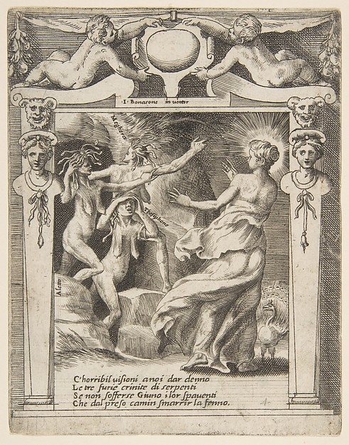 Giulio Bonasone, Juno frightened by the Furies, set within a decorative frame, from "Loves, Rages and Jealousies of Juno"