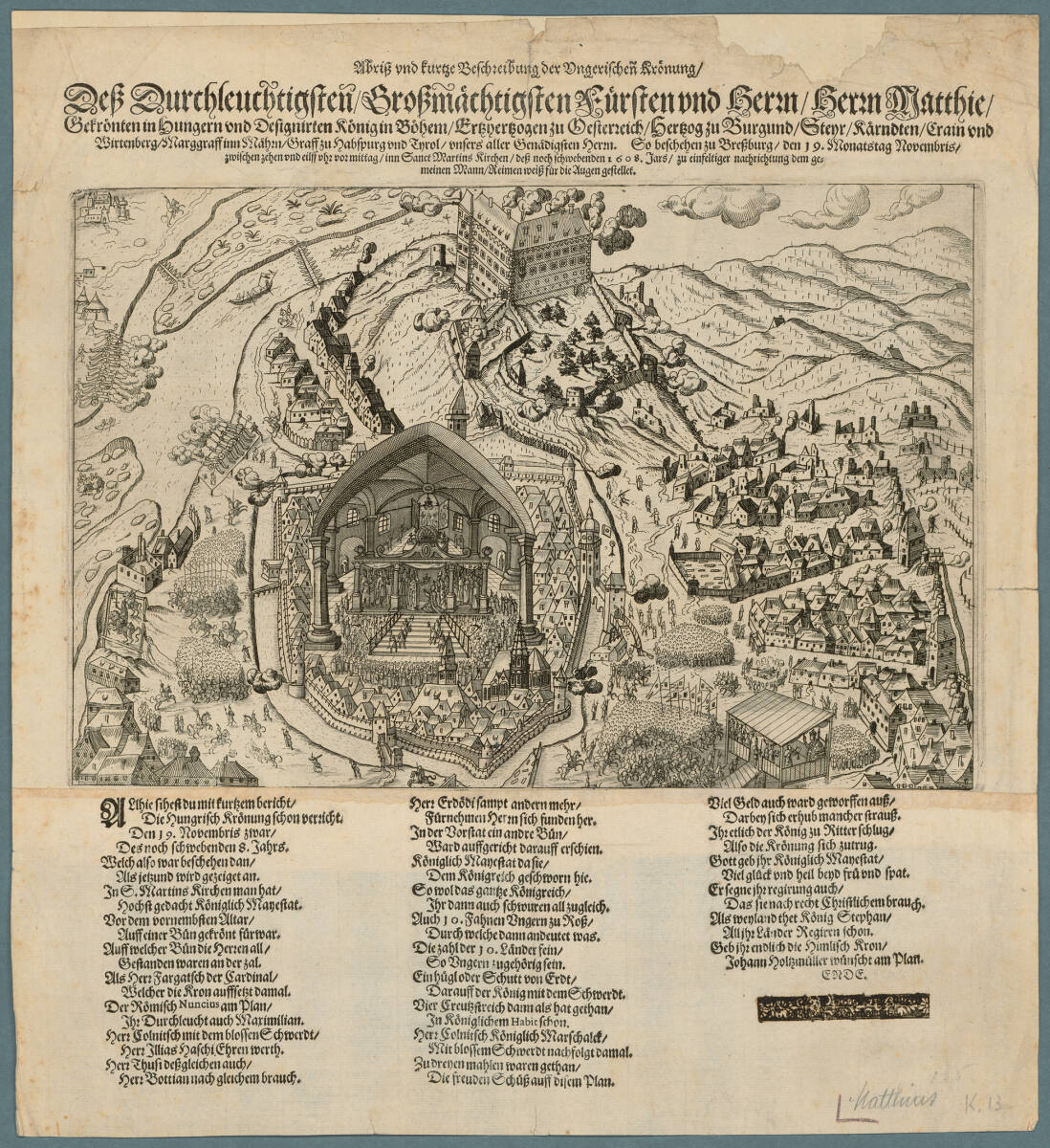 Anonym, Krönung des römisch-deutschen Kaisers Matthias zum König von Ungarn am 19. November 1608 (mit Stadtansicht von Pressburg)