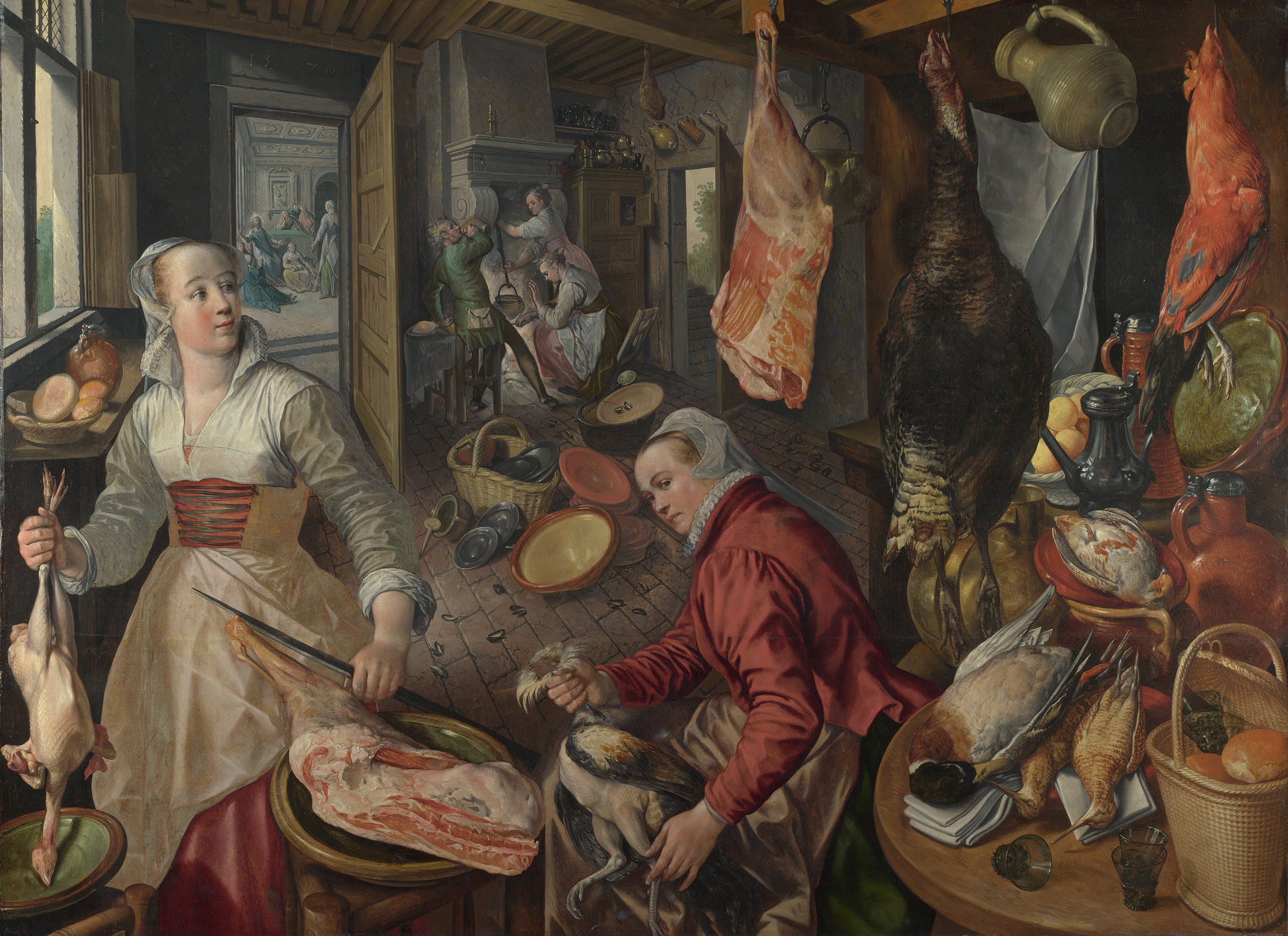 Joachim Beuckelaer, The Four Elements: Fire. A Kitchen Scene with Christ in the House of Martha and Mary in the Background