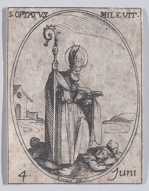 Jacques Callot, S. Optat de Milève (St. Optatus of Milevis), June 4th, from "Les Images De Tous Les Saincts et Saintes de L'Année" (Images of All of the Saints and Religious Events of the Year)