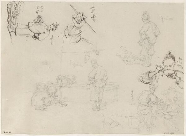 George Chinnery, Sketches of of figures at foodstalls, and a figure smoking a pipe