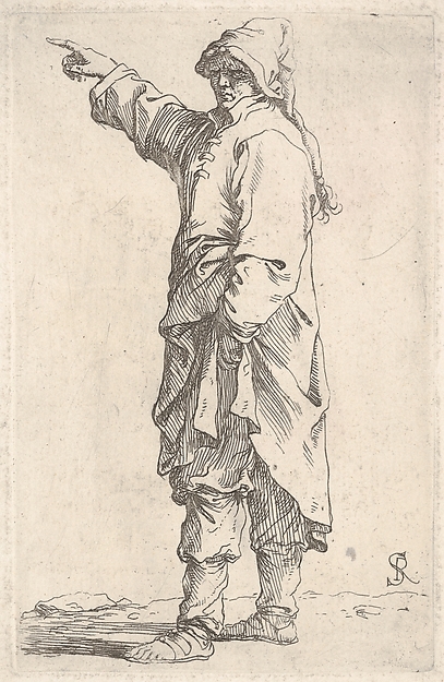 Salvator Rosa, A man wearing a long outer garment and cap pointing to the left, from "Figurine"