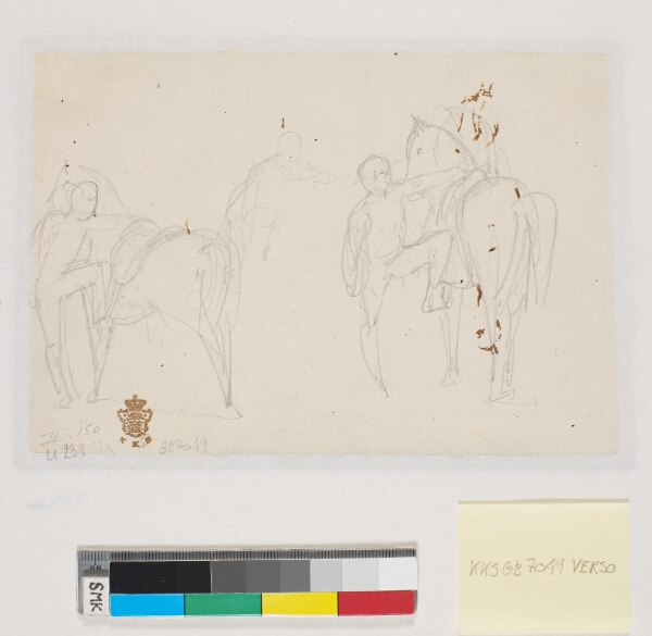 Wilhelm Marstrand, To blyantsstudier af rytter der er ved at stige til hest