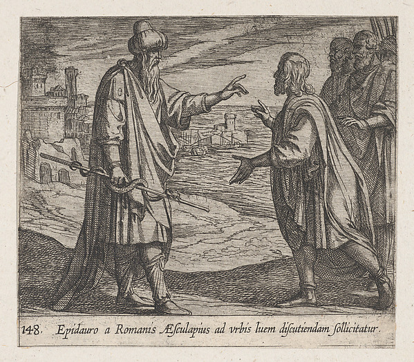 Antonio Tempesta, Plate 148: Aesculapius Speaking to the Romans (Epidauro a Romanis AEsculapius ad urbis luem discutiendam sollicitatur), from Ovid's 'Metamorphoses'