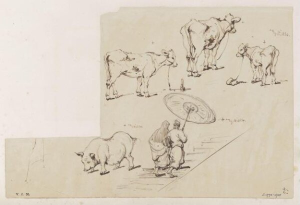 George Chinnery, Figures ascending a staircase, a pig, a cow and two calves