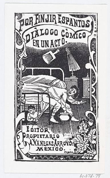 José Guadalupe Posada, A man sitting on a bed being poked with a broom by someone under the bed, illustration for 'Por Finjir Espanto'