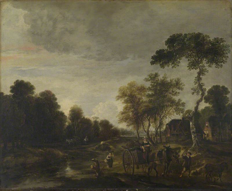 Aert van der Neer, An Evening Landscape with a Horse and Cart by a Stream