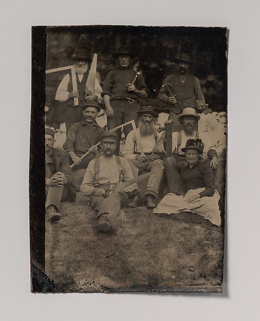 Unknown, [A Woman and Eight Carpenters Posed Outdoors]