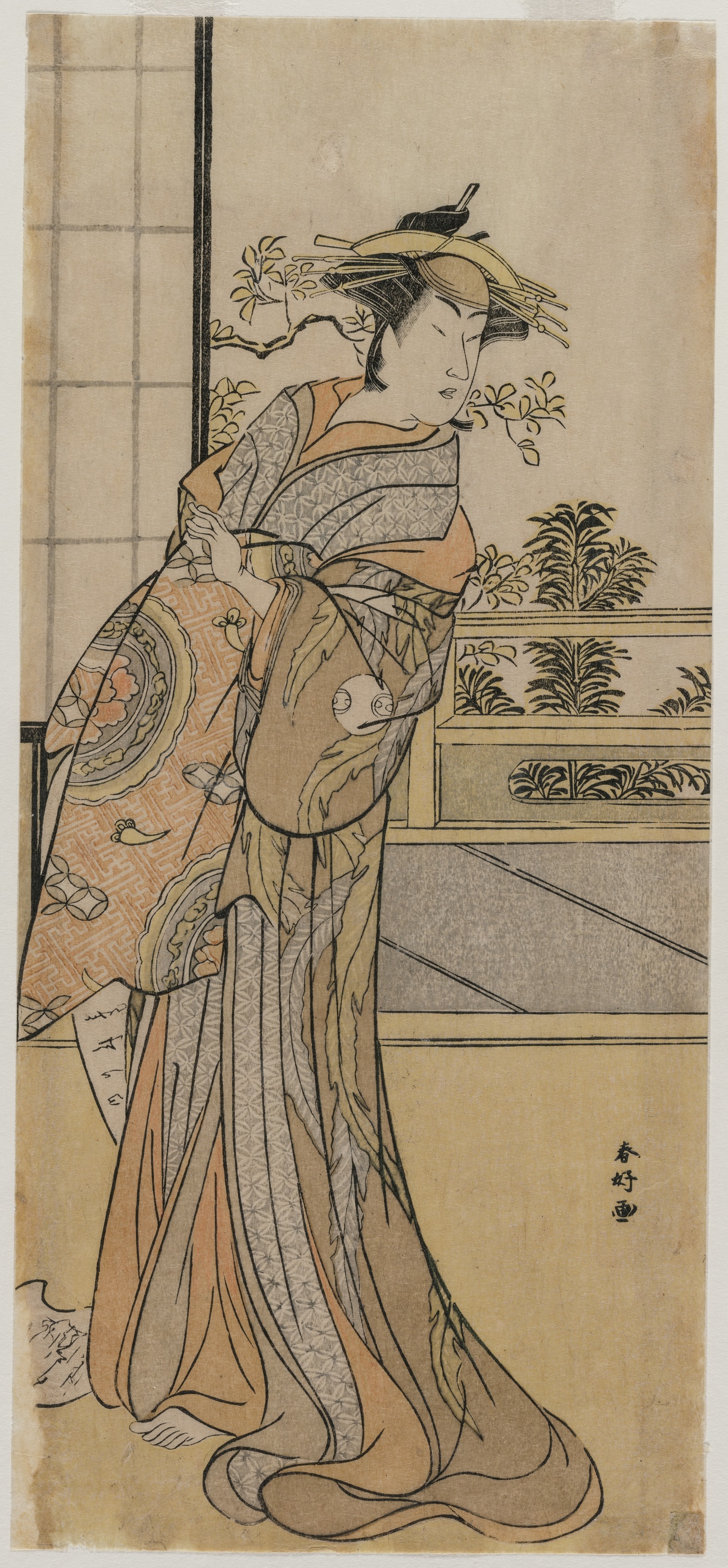 Katsukawa Shunkō, Arashi Murajiro as a Courtesan Holding a Letter