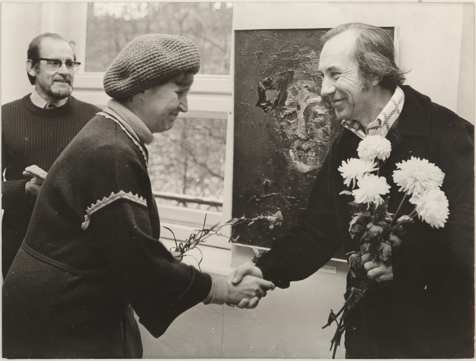 resin (depicted) pond, Opening of V. Volkov Exhibition 02.11.1979. V. Volkov congratulates V. Pond