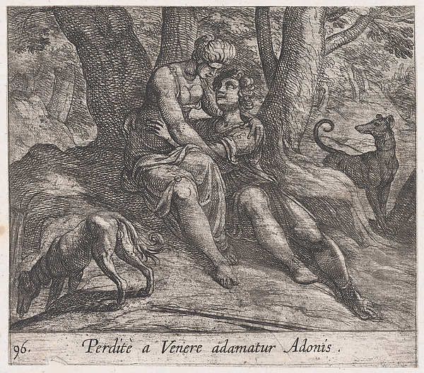 Antonio Tempesta, Plate 96: Venus and Adonis Embracing (Perditè a Venere adamatur Adonis), from Ovid's 'Metamorphoses'