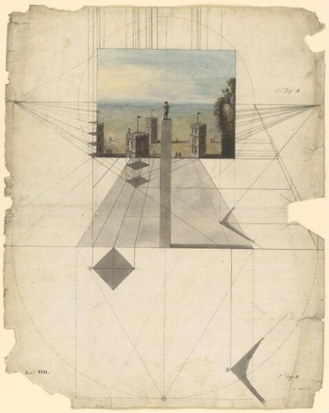 Unknown, A lesson in perspective showing a method of drawing towers from a point above them