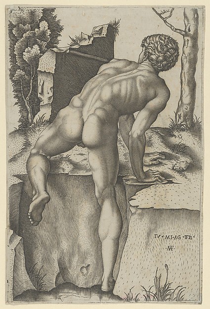 Marcantonio Raimondi, Naked man viewed from behind climbing a river bank, after Michelangelo
