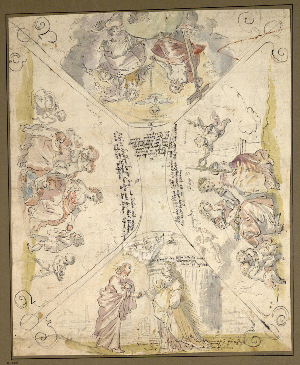 Anonym, Heilige Dreifaltigkeit; Konkordia, Pax und Victoria; Allegorie der ewigen Seligkeit; Allegorie der werktätigen Liebe (Entwurf für ein Deckenbild?)