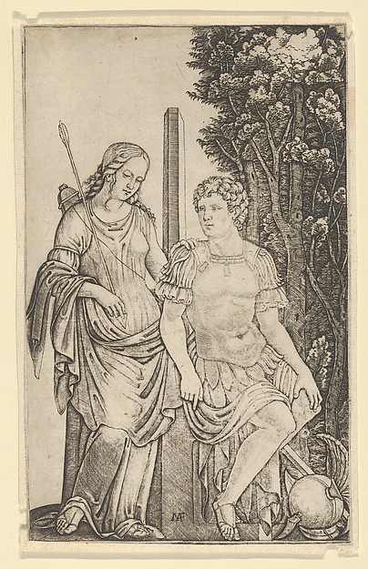 Marcantonio Raimondi, Venus standing at left resting her hand on the shoulder of Aeneas seated at right