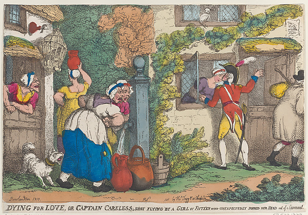 Thomas Rowlandson, Dying for Love, or Captain Careless, Shot Flying by a Girl of Fifteen who Unexpectedly Popped Her Head out of a Casement