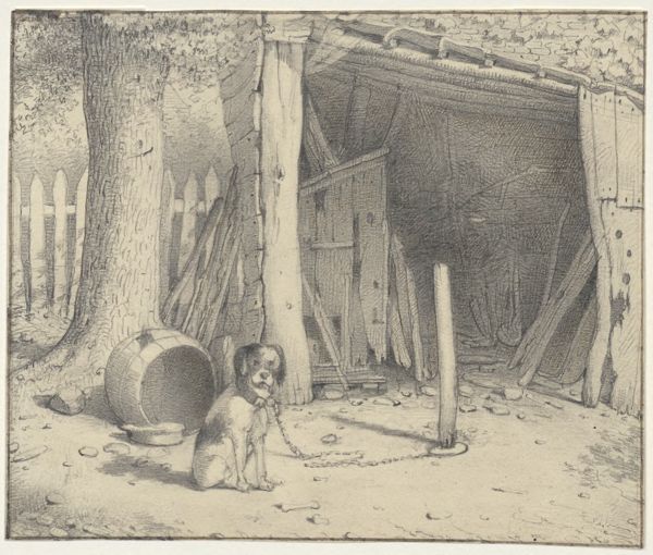 Cornet, Jacobus Ludovicus, (1815-1882), (artist), Chained up dog in front of a shed