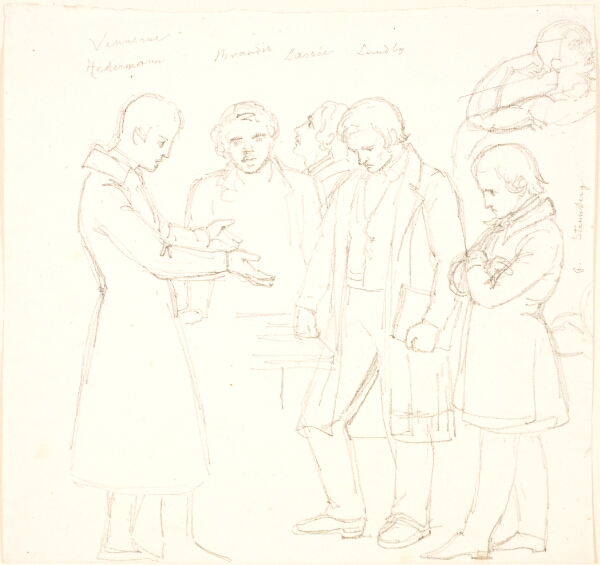 Lorenz Frølich, Fem personer stående ved et bord
