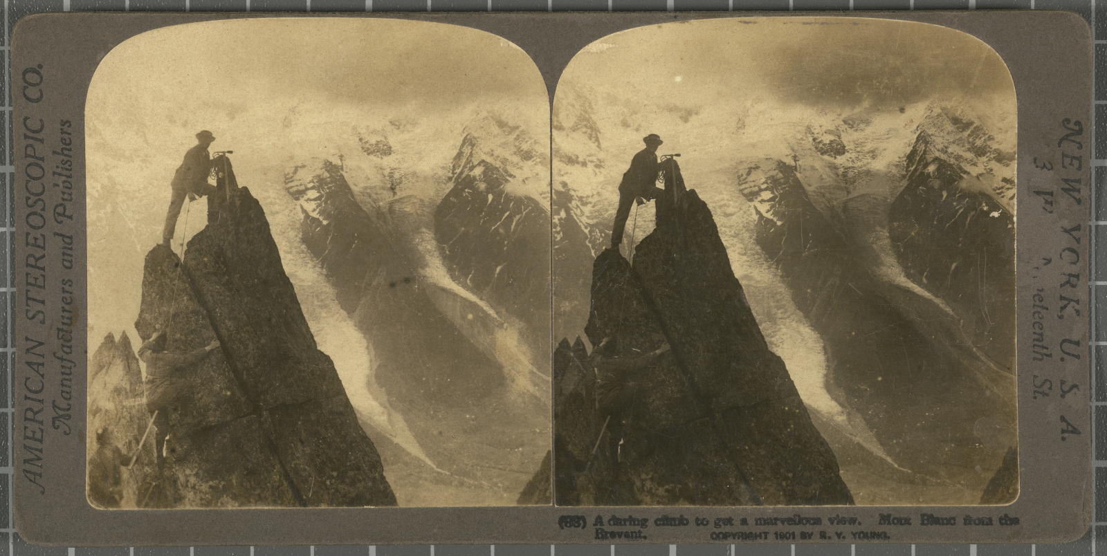 Desconegut, A daring get a browsing view. Mont Blanc from the Brevent. Justification of the title, registered title American Stereoscopic Company