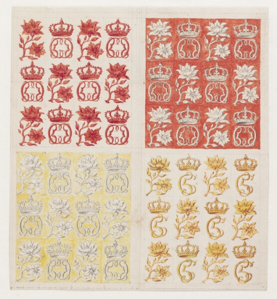 Lambert van Haven, 4 stofmønstre med Christian V's monogram, i varierende farver