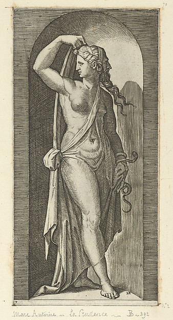 Marcantonio Raimondi, Prudence personified by a woman standing in a niche, holding a shawl in her right hand, a snake coiled around her left, from "The Virtues"