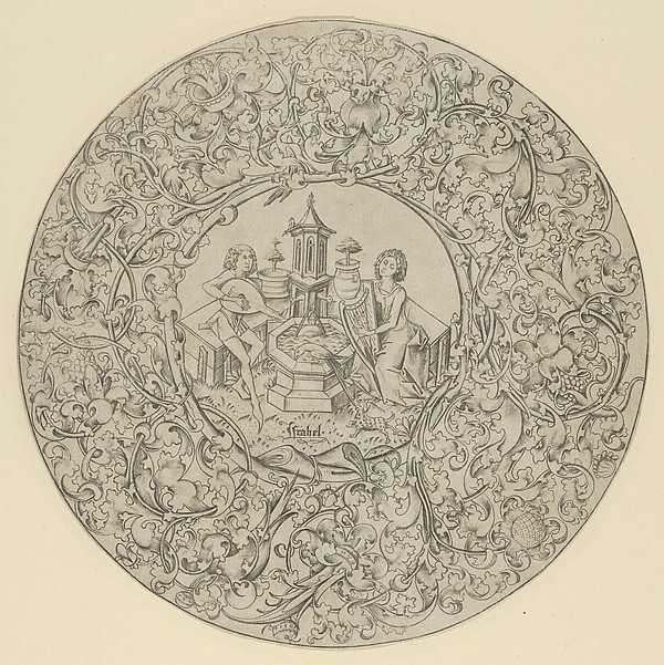 Israhel van Meckenem, Garden of Love, Within Large Ornamented Circular Frame