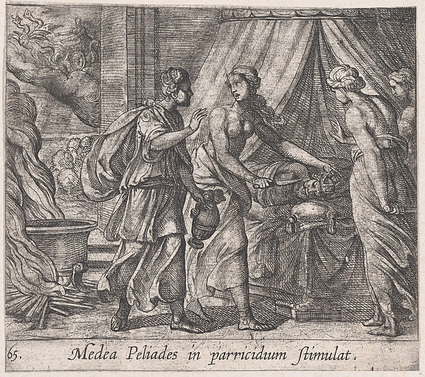 Antonio Tempesta, Plate 65: Medea Urging the Daughters of King Pellias to Murder Their Father (Medea Peliades in parricidium stimulat), from Ovid's 'Metamorphoses'