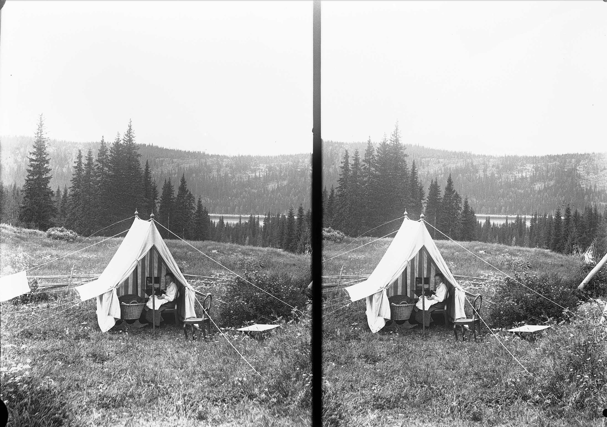 Axel Quinsgaard Wiborg, Margrethe Q. Wiborg sitter i telt med kurv ved Holoa seter, Hadeland, Jevnaker, Oppland, 1903. Utsikt til Skarvvannet.