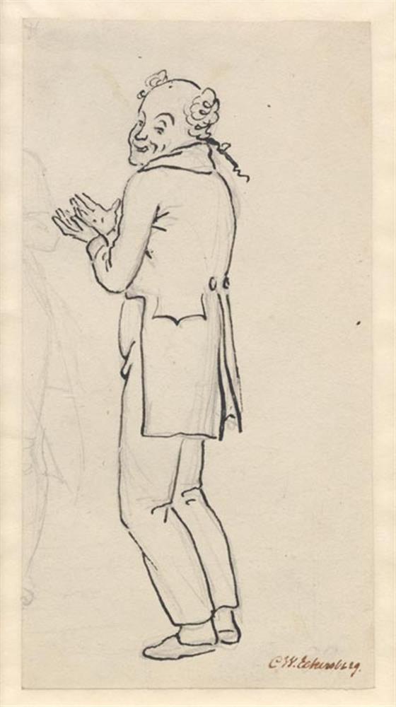 C.W. Eckersberg, Satirisk blad; en smilende mand, set fra siden, med begge hænder op foran brystet, samt del af et let blyant rids [afskåret]