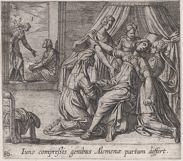 Antonio Tempesta, Plate 86: The Birth of Hercules (Iuno compreßis genibus Alcumenae partum differt), from Ovid's 'Metamorphoses'