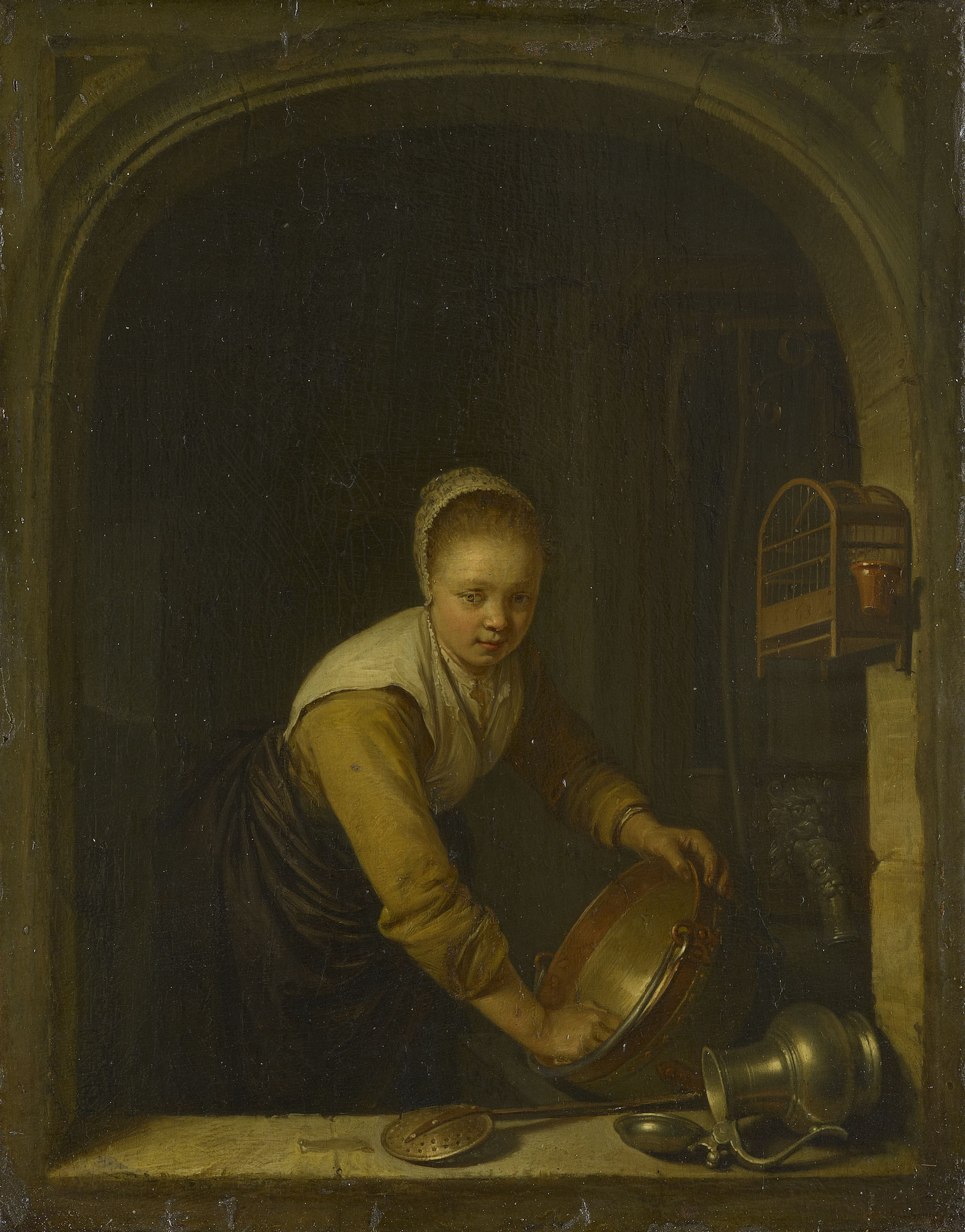 Gerrit Dou, A Maidservant Scouring a Brass Pan at a Window
