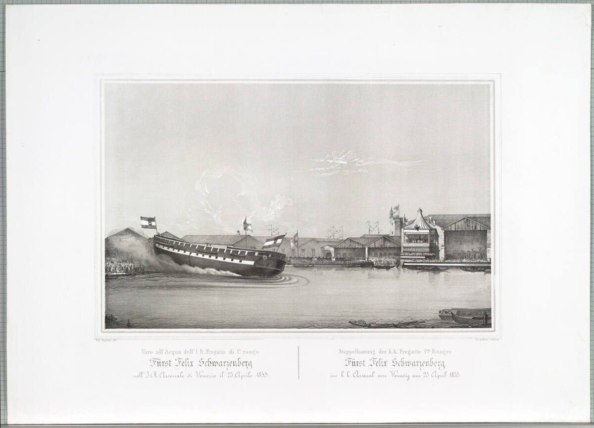 Anonym, Stapellauf der k.k. Fregatte ersten Ranges Fürst Felix Schwarzenberg im k.k. Arsenal von Venedig am 23. April 1853