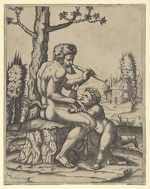 Marcantonio Raimondi, A faun sitting on a rock holding a flute in his left hand; a child stands between his knees