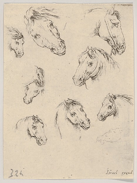 Stefano della Bella, Plate 17: Nine studies of horse heads, from "Various heads and figures" (Diverses têtes et figures)