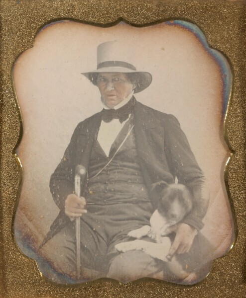 Unknown, [Portrait of a Seated Man in Hat with Walking Stick and Dog]