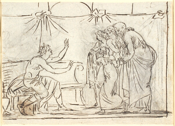 Nicolai Abildgaard, Antik scene. En siddende kronet helt taler til en gruppe af fire figurer, heriblandt en mindre pige og en gammel mand