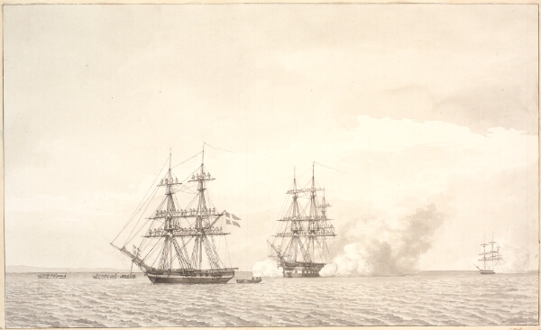 C.W. Eckersberg, Krigsskibene salutere idet Kronprins Frederik og Gemalinde ro ind til Kjøbenhavn den 22 juni 1841.Fremstillet er briggen Allart, linieskibet Christian Vlll og kovetten Flora.