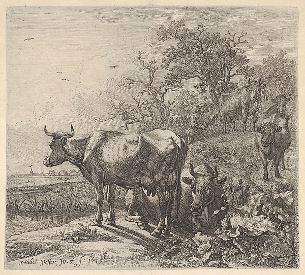 Paulus Potter, Cowherd driving three horned cattle before him; below, in the foreground, a recumbent steer and a standing steer, marsh and trees beyond