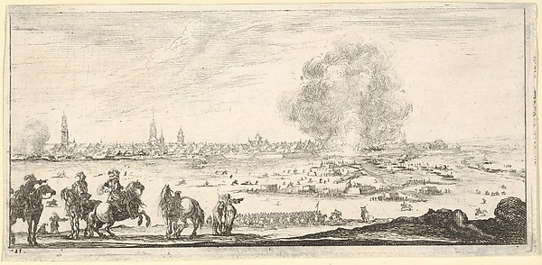 Stefano della Bella, Plate 11: an attack on a city, horsemen in foreground, clouds of smoke and a cityscape in background, from "Troops, cannons, and attacks on towns" (Dessins de quelques conduites de troupes, canons, et ataques de villes)