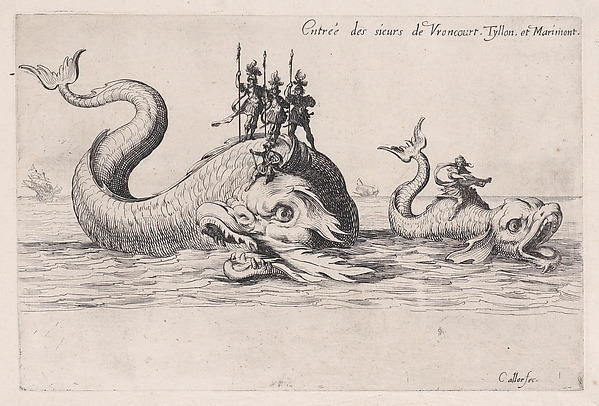 Jacques Callot, Entrée de MM. de Vroncourt, Tyllon, et Marimont (Entrances of Monsieur de Vroncourt, of Monsieur de Tyllon, and Monsieur de Marimont), from "Le Combat a la Barrière"