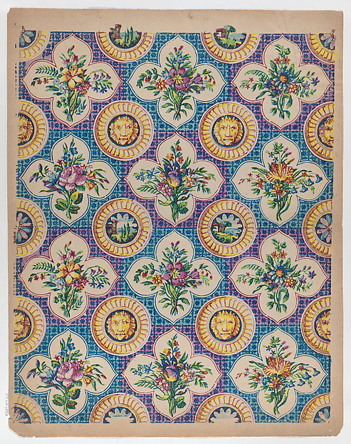 Anonymous, Sheet with pattern of bouquets and lion heads