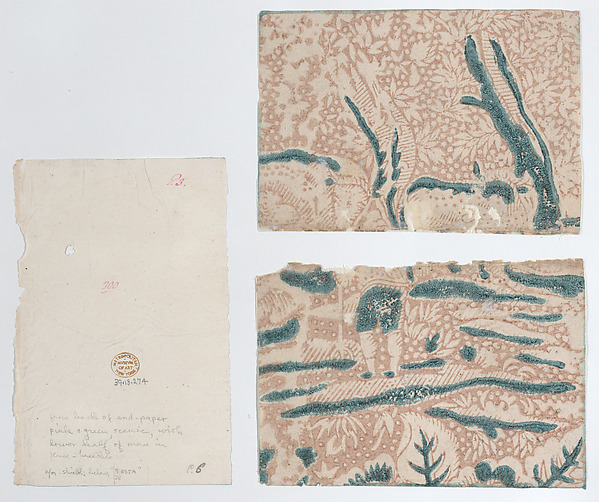 Anonymous, Sheet in two sections with pink and green scenic pattern