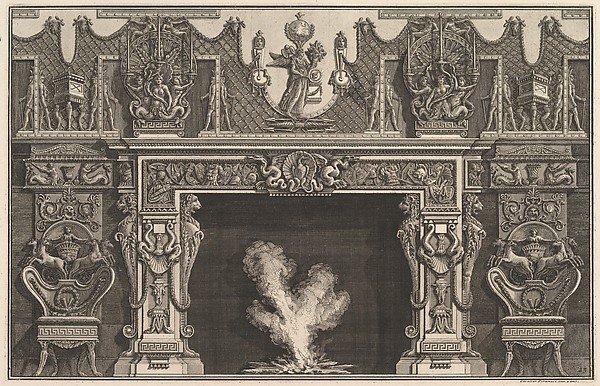 Giovanni Battista Piranesi, Bird in shell at the center of the lintel, with a frieze of trophies, surmounted by an overmantel with candelabra and flanked by chairs. (Ch. décorée d'une frise de casques et d'armures . . .)