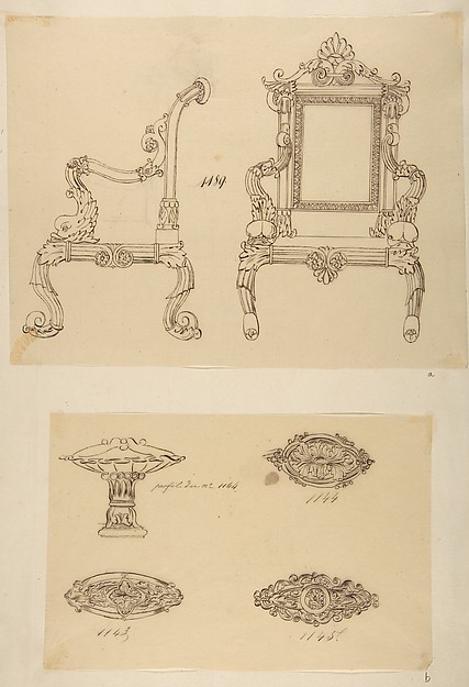 Anonymous, French, 19th century, Design for a Chair and Three Designs for Ceiling Molding